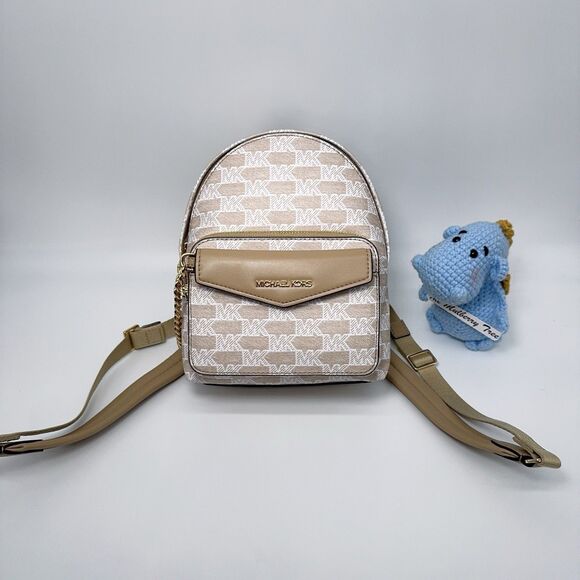 Michael Kors Maisie Extra-Small Logo 2-in-1 Backpack Camel Chain Cardcase Wallet - Picture 2 of 13